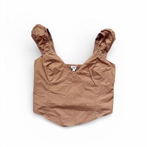 3/$25 Aerie Tan Corset Smocked Puff Sleeve Crop Top Extra Small 100% Cotton
